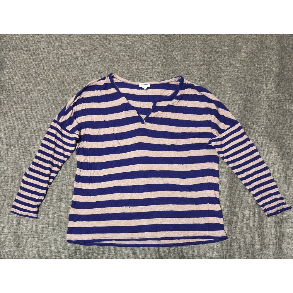 Old Navy Womens XL Long Sleeve Top Blue Tan Striped Rayon V-Neck